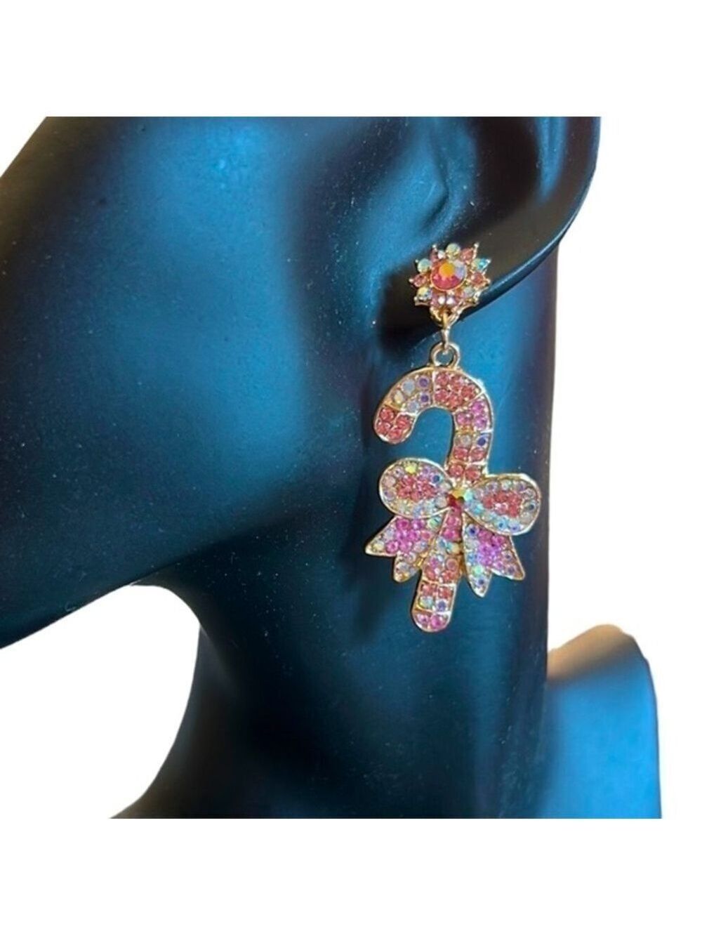 CHRISTMAS Candy Cane Iridescent Rhinestone Dangle Pierced Earrings